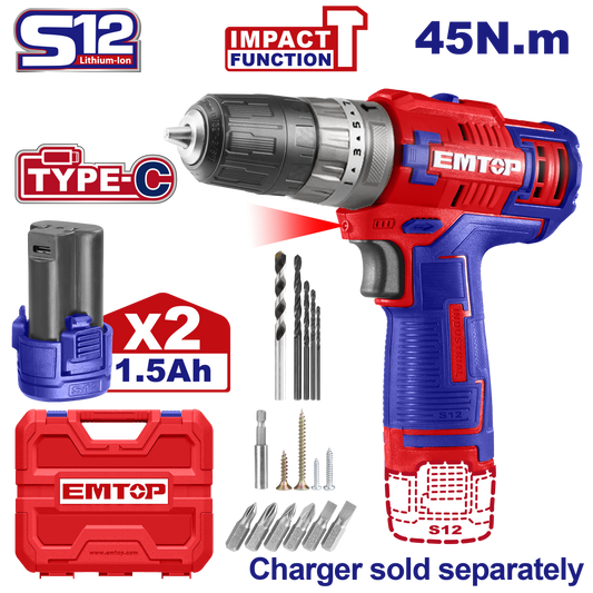 Mașină de găurit și înșurubat cu impact, cu 2 baterii 1.5Ah, încărcare prin cablu tip C, 45Nm, 50 accesorii, cutie de transport - ECiDL12620, EMTOP