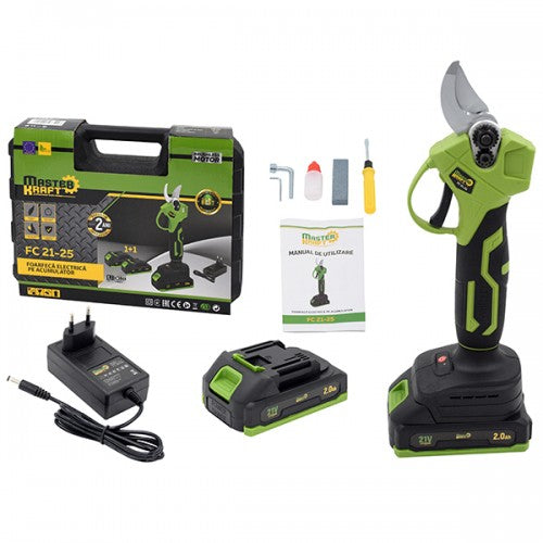 Foarfeca de gradina cu acumulator 21V Master Kraft FC 21-25 Brushless, 2 acumulatori, incarcator, valiza transport