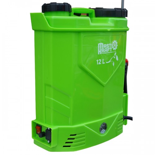 Pompa de stropit electrica Master Kraft KF-12C-10V, 12L, acumulator 12V 8Ah, tub telescopic 60-110 cm, 5 duze, verde