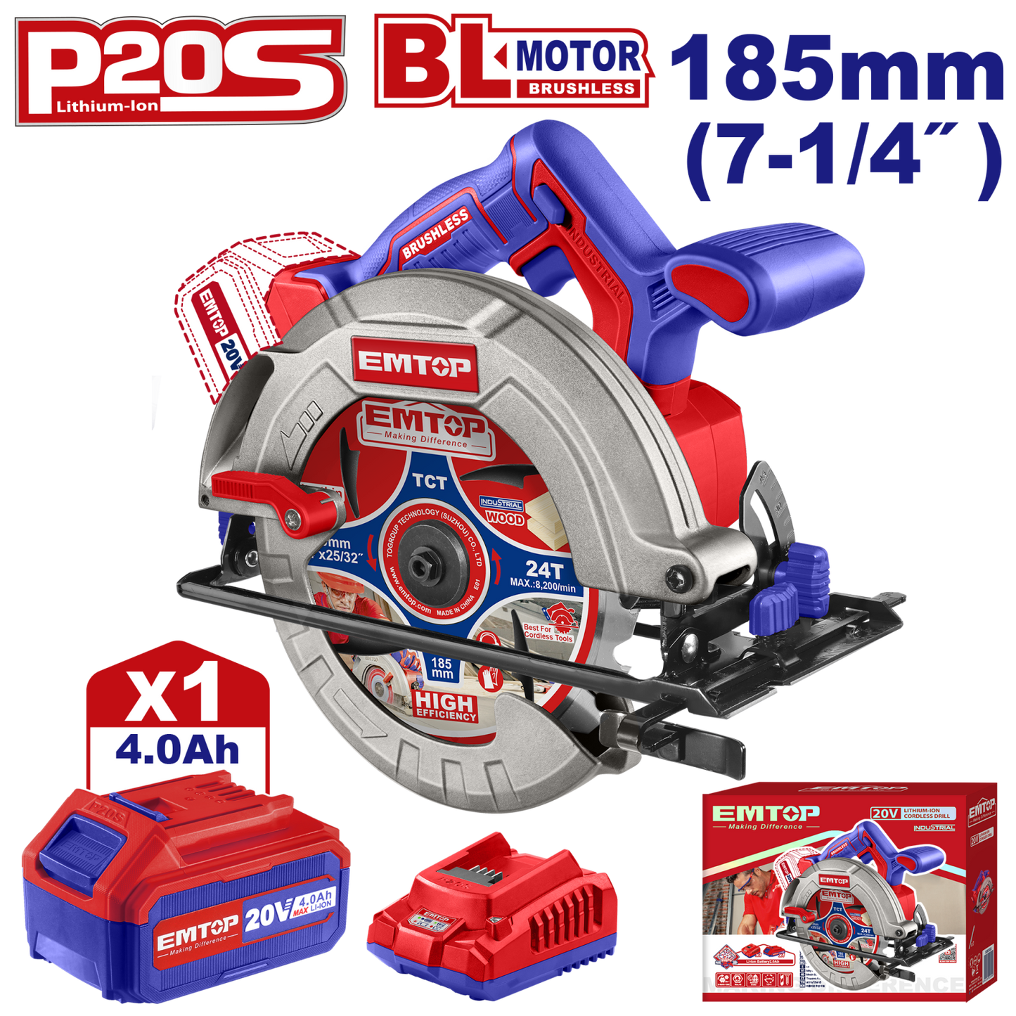 Fierăstrău Circular cu 1 Acumulator 4.0AH, Motor Fără Perii (Brushless), 185mm - ELCS18511, EMTOP