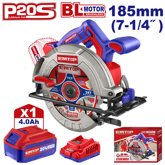 Fierăstrău Circular cu 1 Acumulator 4.0AH, Motor Fără Perii (Brushless), 185mm - ELCS18511, EMTOP