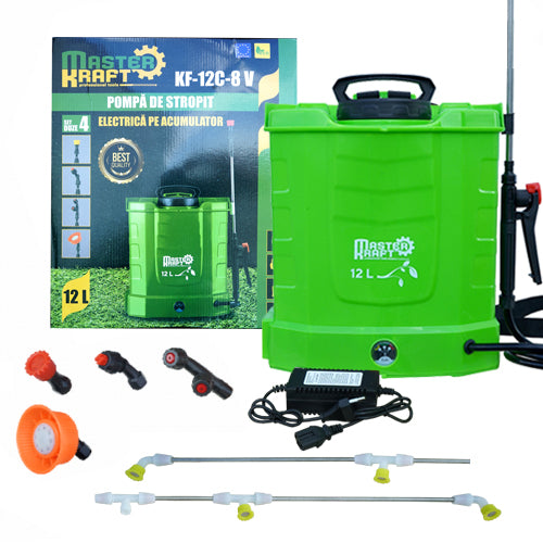 Pompa de stropit electrica Master Kraft KF-12C-8V, 12L, acumulator 12V 8Ah, 4+4 duze, lance 115 cm, verde