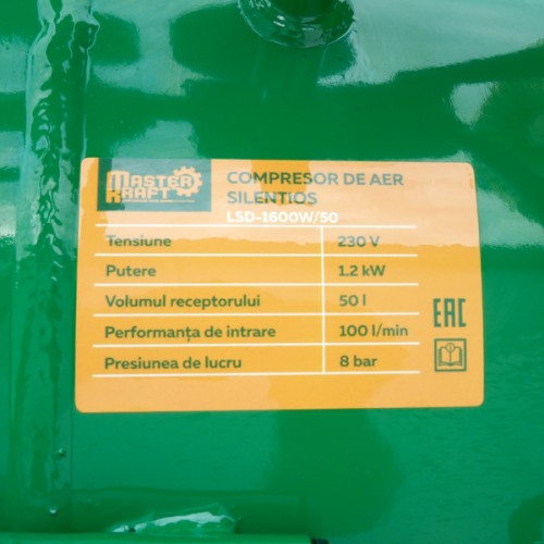 Compresor de aer 50L MasterKraft LSD-1600W/50, 1.2 kW, 2 cilindri, fara ulei, silentios