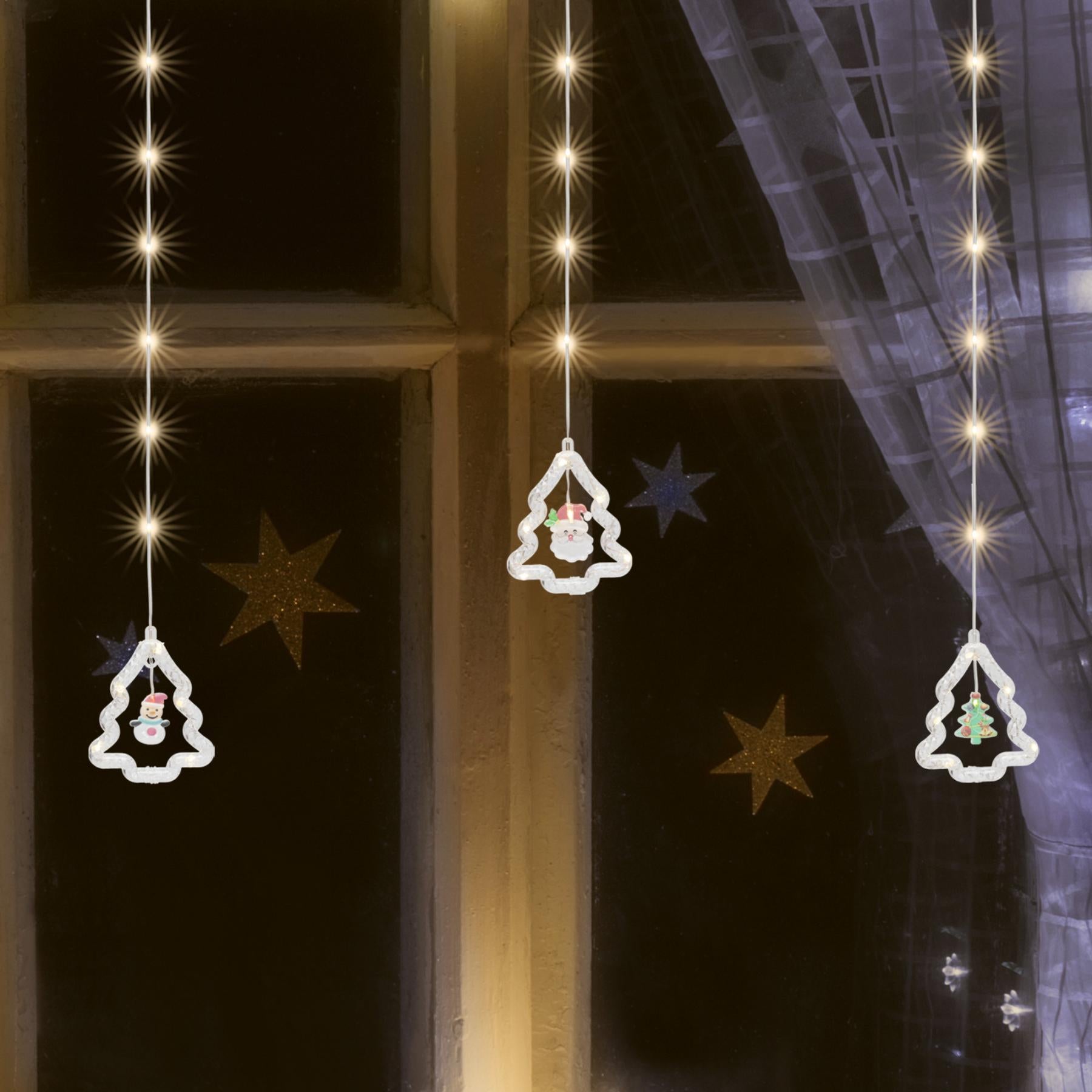 Perdea lumini brad LED interior/exterior, 110 micro LED alb cald, 10 ghirlande, figurine Craciun, cablu transparent, adaptor IP44