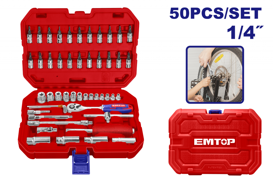 Set Tubulare cu Clichet 1/4″, 50 Componente, cu Cutie de Transport - ESKT14501, EMTOP