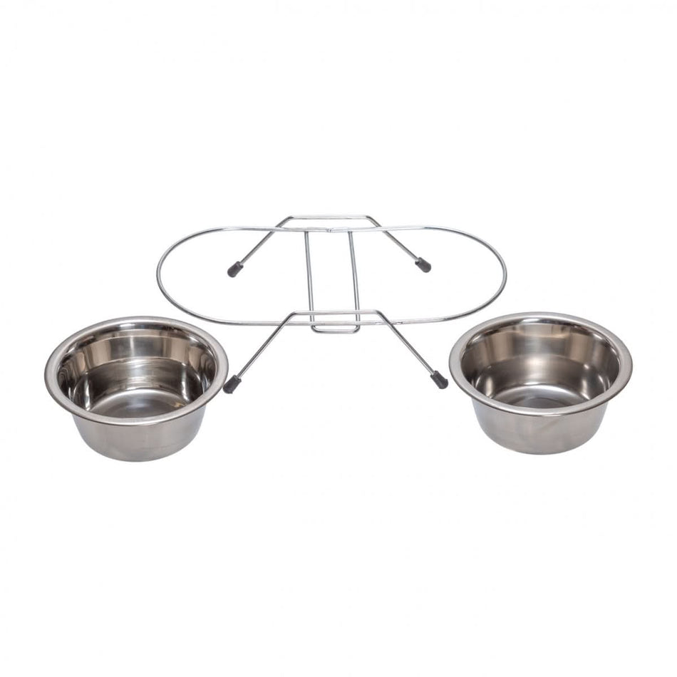 Set 2 boluri inox cu suport metalic pentru caini sau pisici, 2 × 450 ml