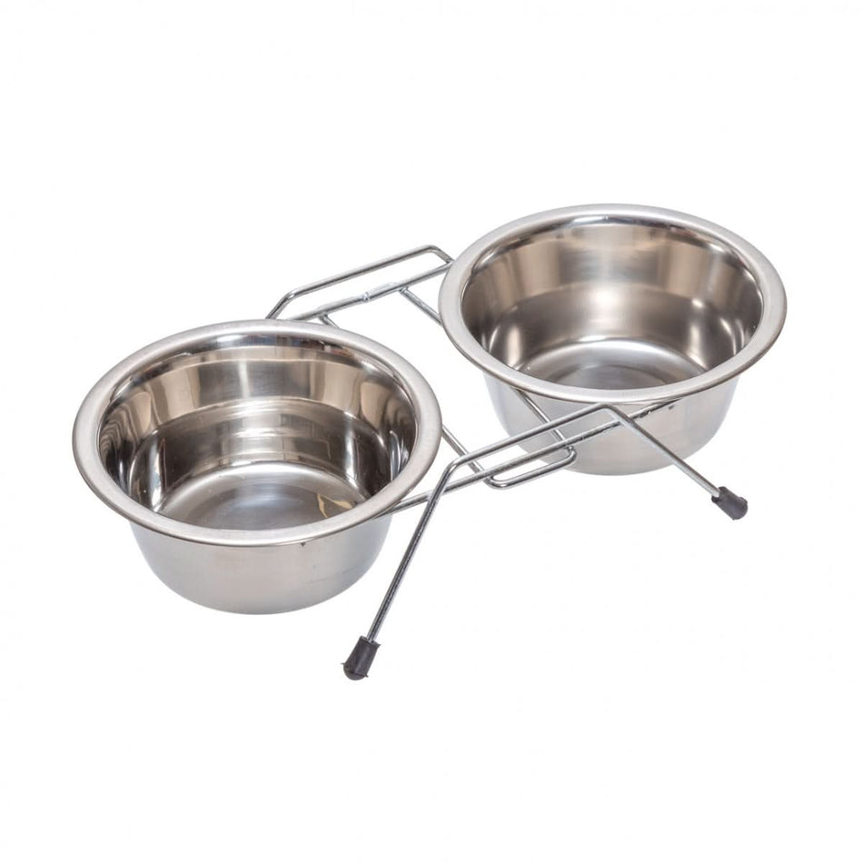 Set 2 boluri inox cu suport metalic pentru caini sau pisici, 2 × 450 ml