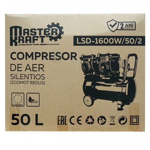 Compresor de aer 50L MasterKraft LSD-1600W/50/2, 2.4 kW, 4 cilindri, fara ulei, silentios