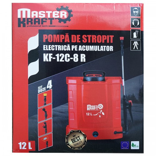 Pompa de stropit electrica Master Kraft KF-12C-8R, 12L, acumulator 12V 8Ah, 4+4 duze, lance 115 cm, rosu
