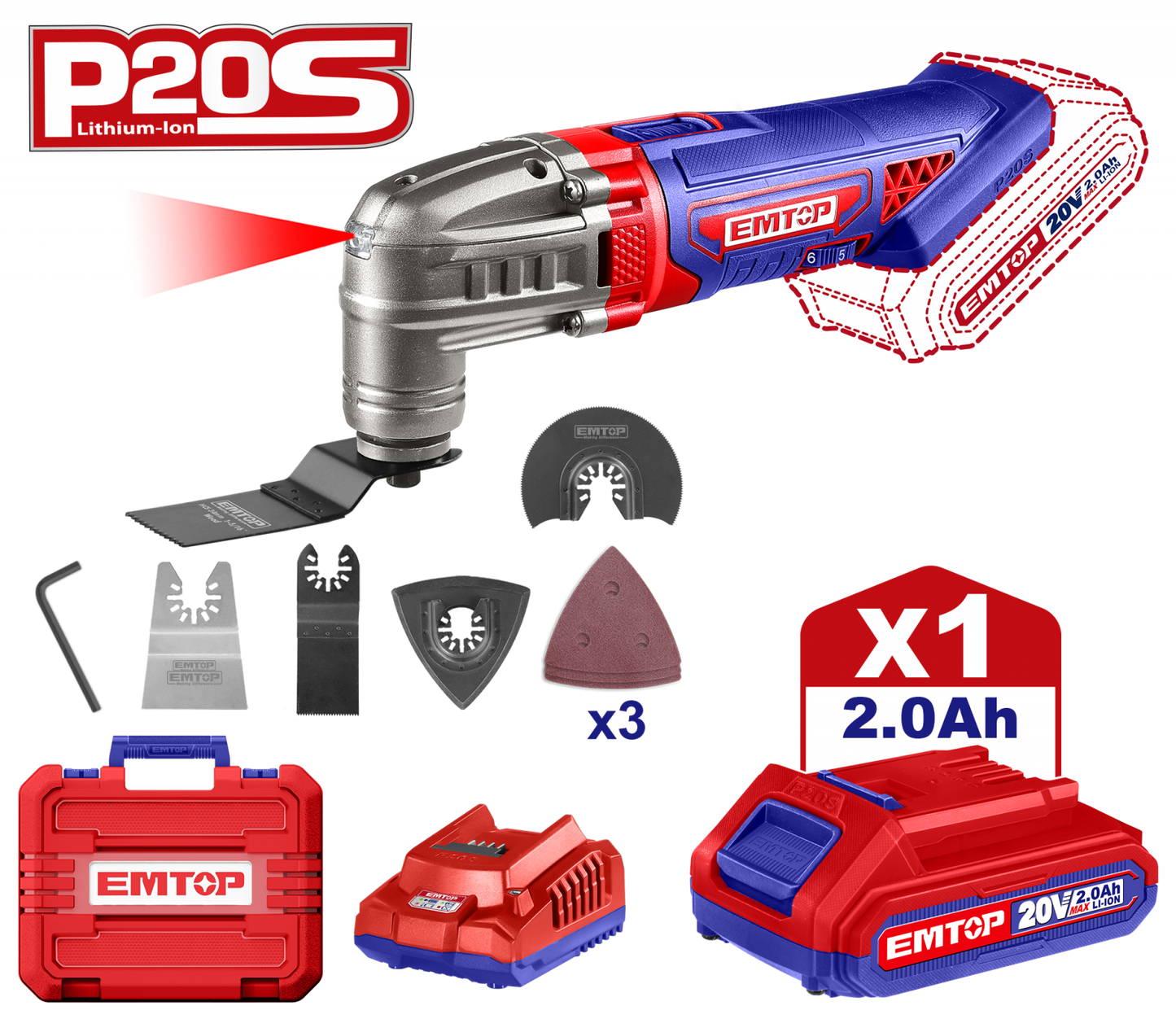 Instrument Multifuncțional EMTOP cu 1 Acumulator 2.0Ah, 6 Viteze, 8 Accesorii și Cutie de Transport - ELMF20221