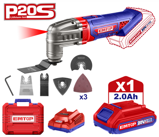 Instrument Multifuncțional EMTOP cu 1 Acumulator 2.0Ah, 6 Viteze, 8 Accesorii și Cutie de Transport - ELMF20221