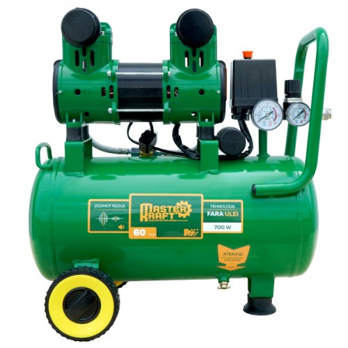 Compresor de aer 24L MasterKraft LSD-1280W/24, 0.7 kW, 2 cilindri, fara ulei, silentios