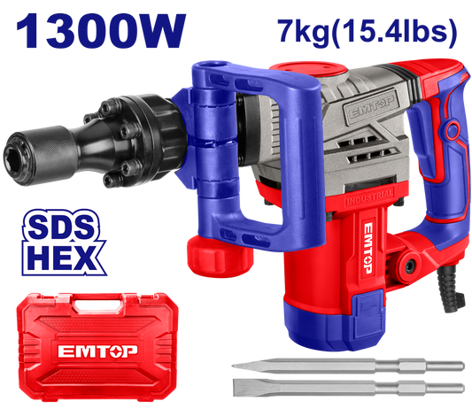 Descriere produs: Ciocan Demolator HEX, 1300W, 20J, 2 Dalti, 7kg, Ambalat în Cutie de Transport - EDBRH1301, EMTOP