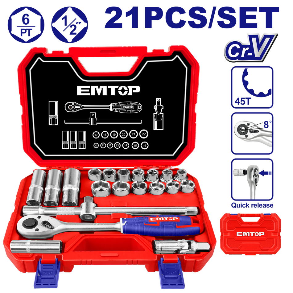 Set Tubulare cu Clichet 1/2", 21 Componente, cu Cutie de Transport - ESKT12211, EMTOP