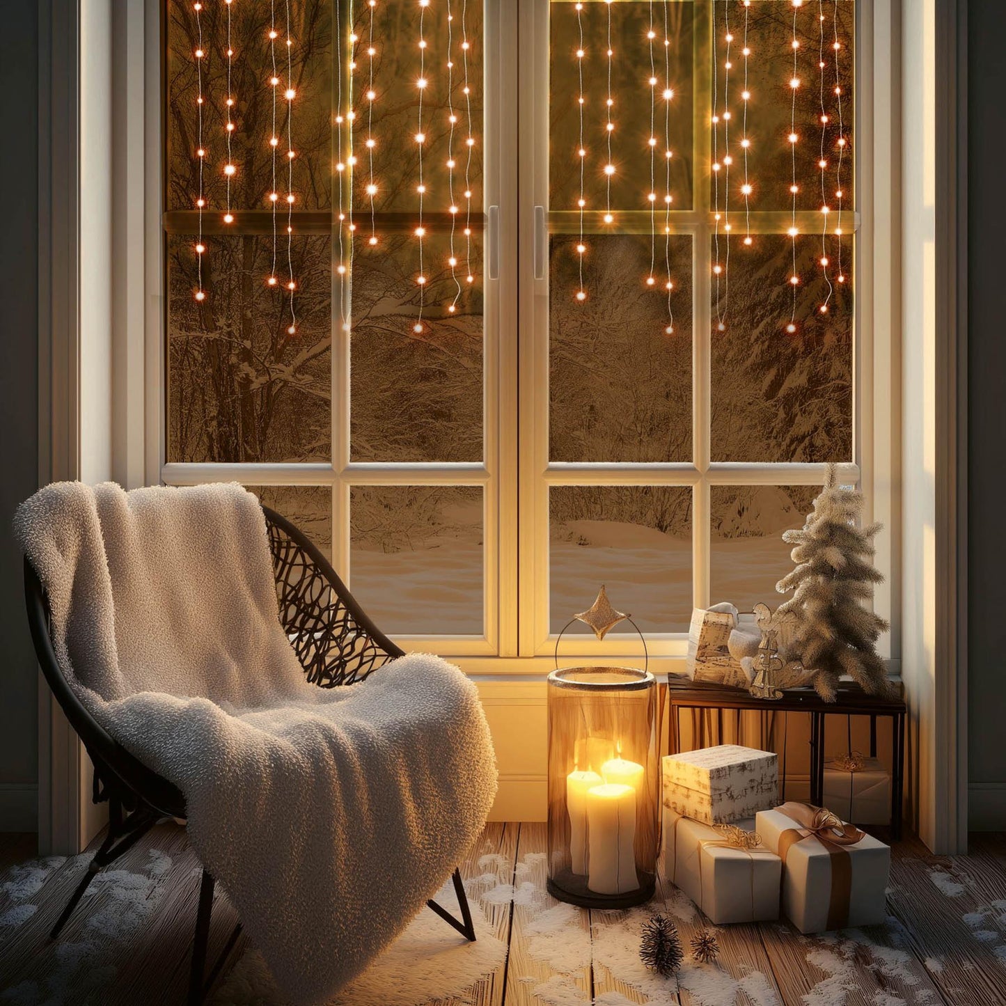 Perdea lumini LED DOT tip turcuri interior, 50 LED alb cald, cablu transparent, iluminare permanenta, adaptor inclus