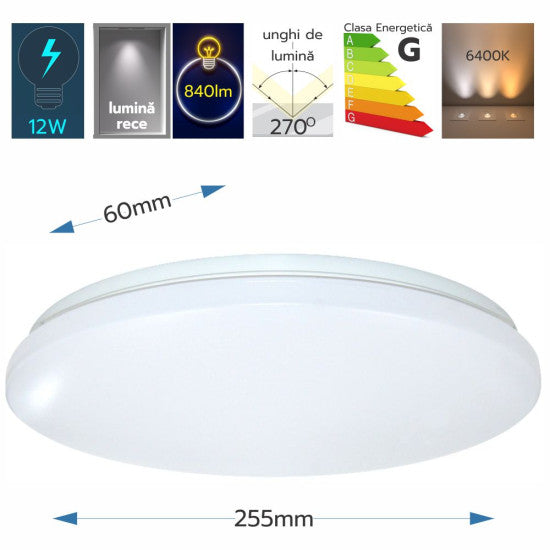 Plafoniera LED Slim Milky, 12W, Ø255x60mm, 6400K