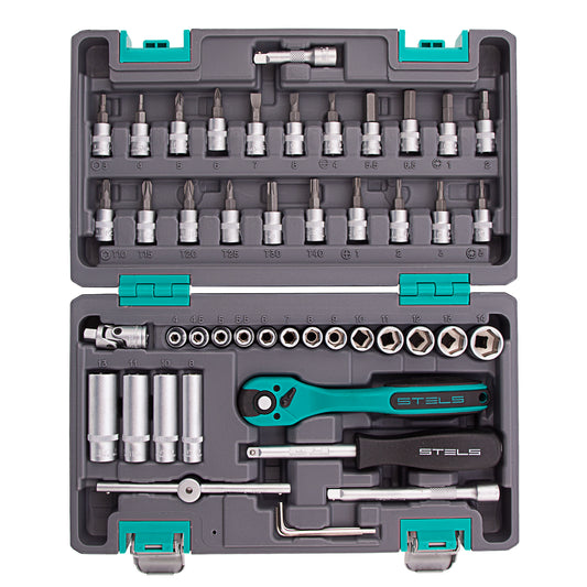 Set Unelte 1/4", Cr-V, S2, 47 Piese, Trusă Rezistentă STELS – Kit Profesional pentru Mecanici