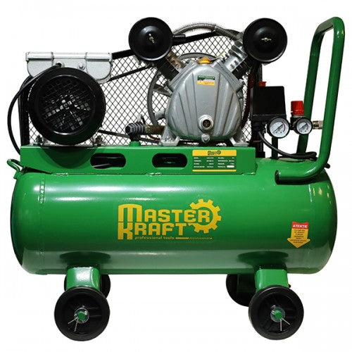 Compresor de aer 70L MasterKraft LAV-0.17/10, 3000W, 2 pistoni, cu ulei, curea, portabil