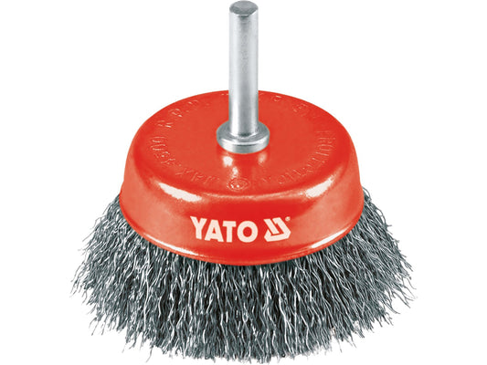 Perie cupa 75 mm, sârma ondulata din otel inoxidabil, cu ax