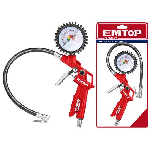 Pistolul EMTOP EASGT8501 este ideal pentru umflarea rapida si precisa a pneurilor, compatibil cu mai multe tipuri de conectori pentru uz universal.