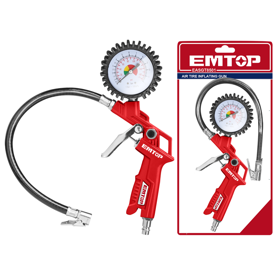 Pistolul EMTOP EASGT8501 este ideal pentru umflarea rapida si precisa a pneurilor, compatibil cu mai multe tipuri de conectori pentru uz universal.