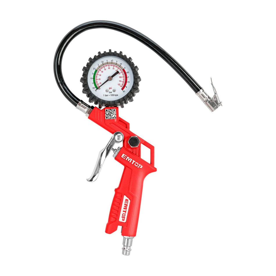 Pistolul EMTOP EASGT8501 este ideal pentru umflarea rapida si precisa a pneurilor, compatibil cu mai multe tipuri de conectori pentru uz universal.
