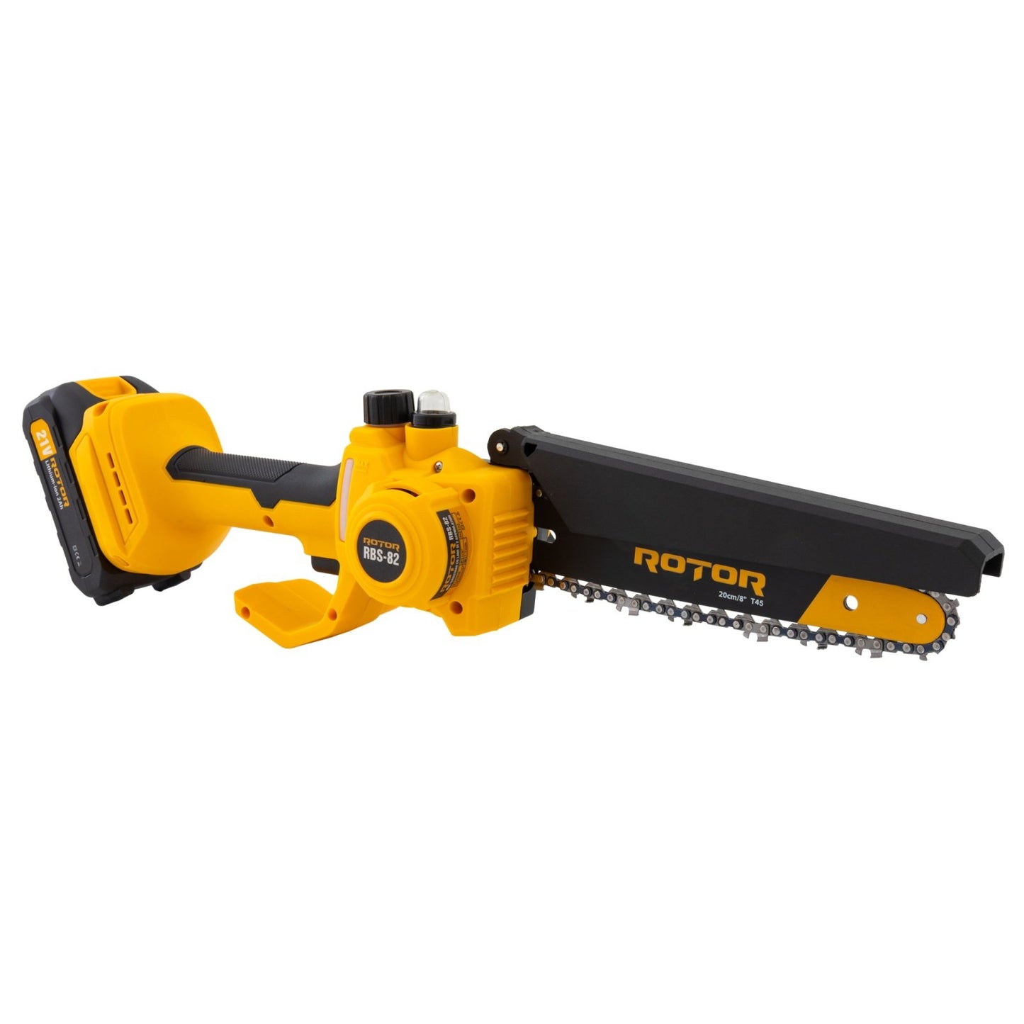Mini drujba pe acumulator ROTOR RBS-82, 21V / 2Ah, Brushless, lama 20 cm, set complet cu 2 acumulatori si incarcator