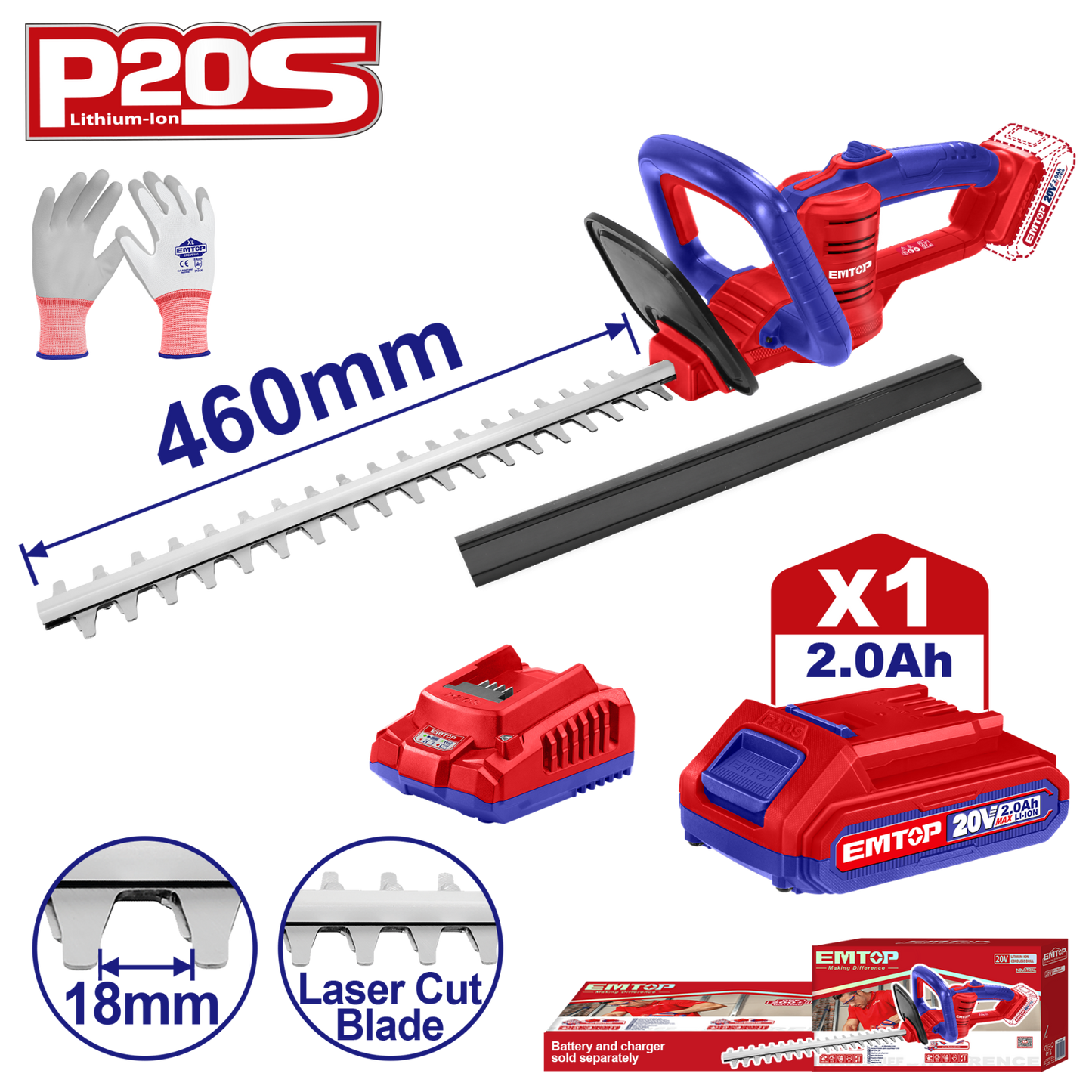 Trimmer Gard Viu 460mm ELHT204611, 20V, 1 Acumulator 2.0AH, Manusi Protectie, Viteza 2800 spm