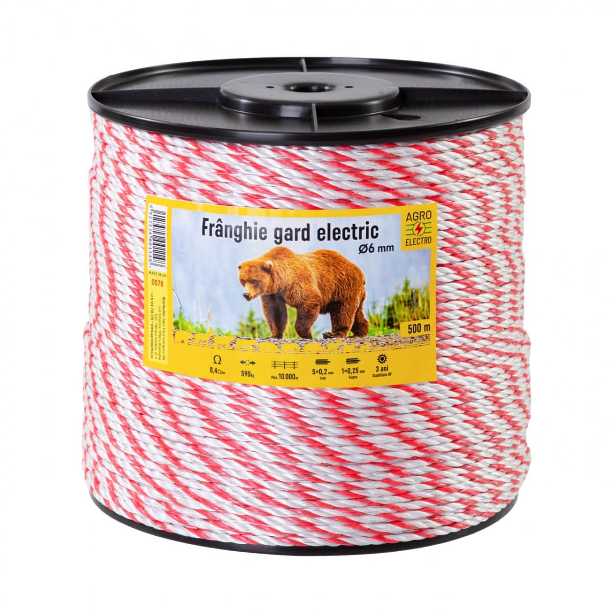 Frânghie gard electric 500 m, rezistenta la rupere 590 kg, rezistenta electrica 0,4 Ω/m