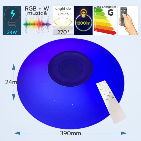 Plafoniera LED SMART cu muzica, 24W, RGB+W, 1800 lm