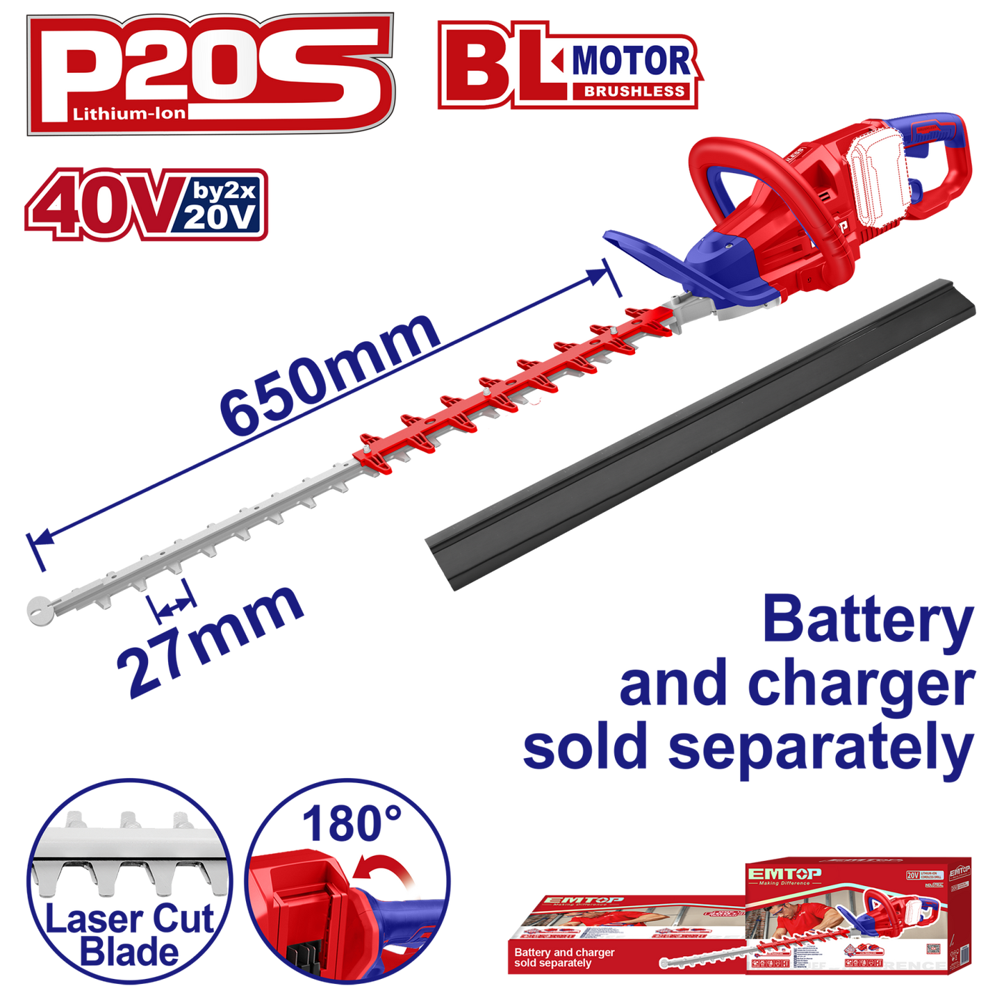Trimmer Gard Viu Lama 650mm ELHT40028, Motor Fara Perii, Viteza 3600 spm, Fara Acumulator si Incarcator