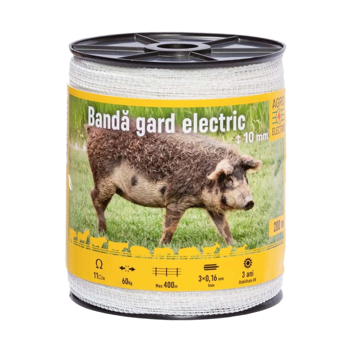 Bandă gard electric 10 mm, 200 m, rezistență la rupere 60 kg, rezistență electrică 11 Ω/m