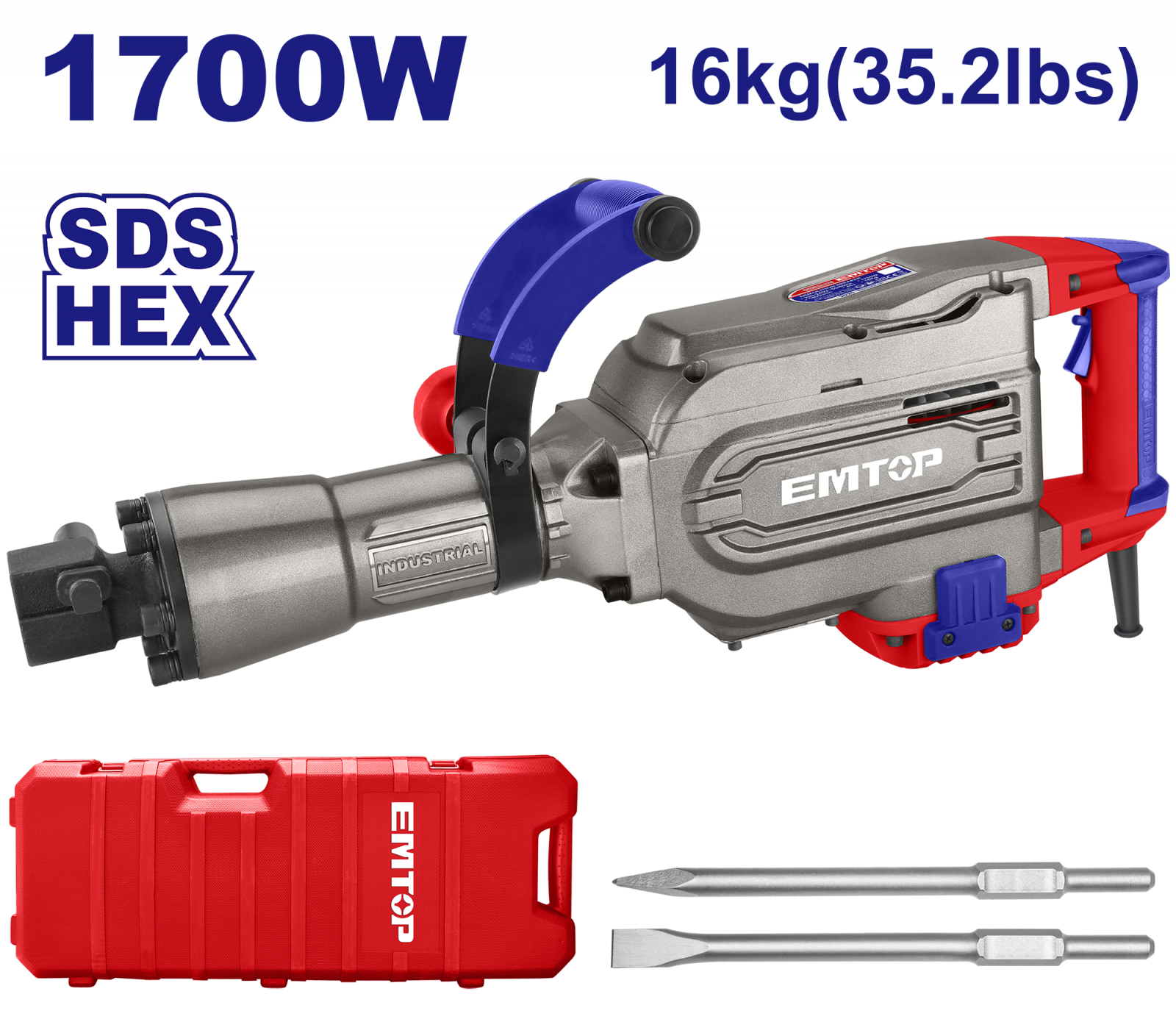 Ciocan demolator HEX, 1700W, 45J, 2 dalti, ambalat in cutie de transport - EDBRH1701, EMTOP