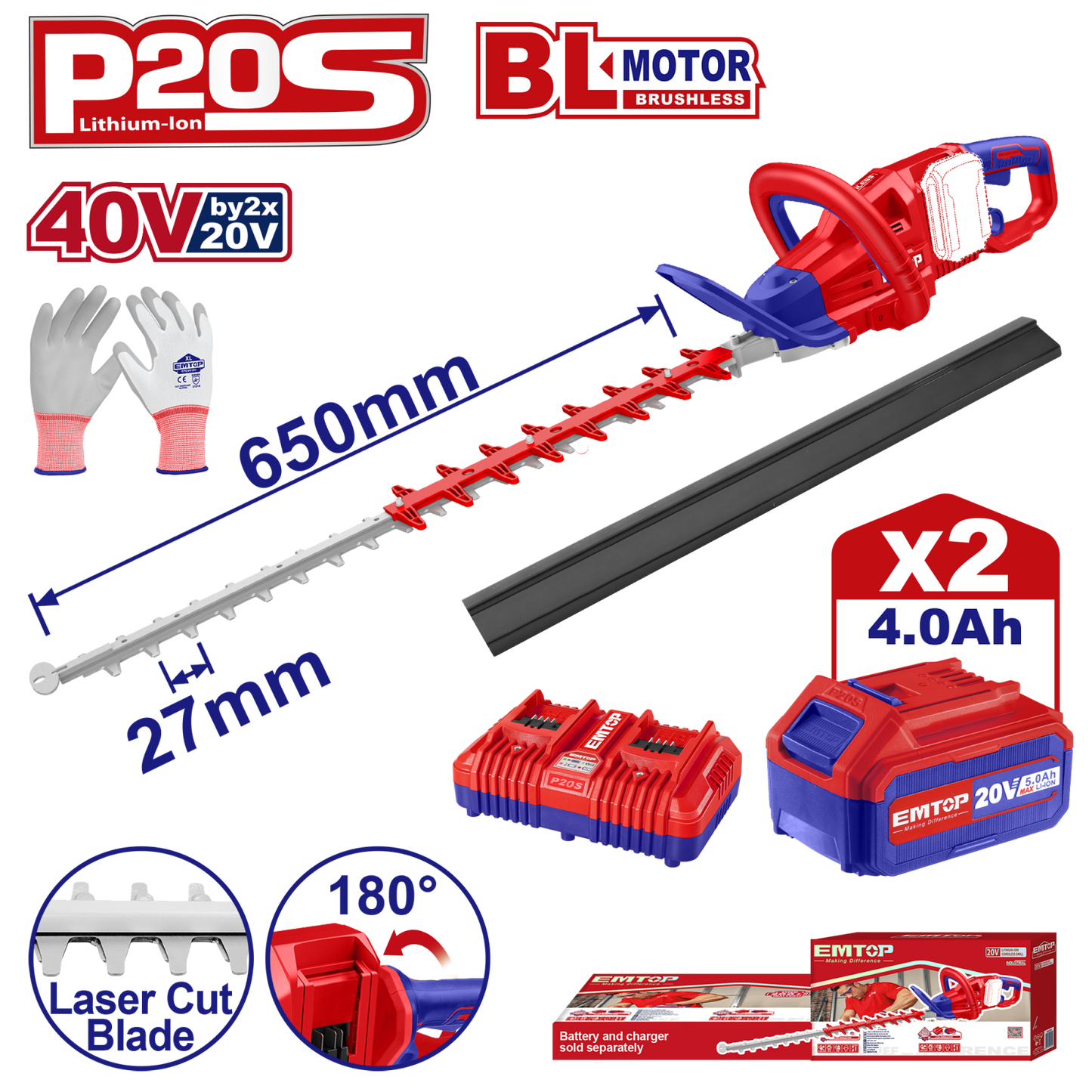 Trimmer gard viu 40V, 2 acumulatori 4.0AH, incarcator dublu, lama 650mm, manusi protectie - ELHT400282