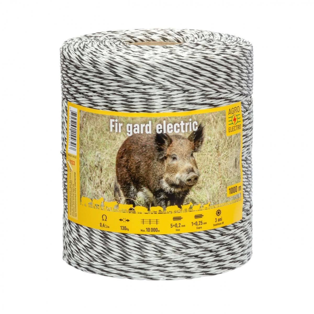 Fir gard electric 1000 m, 130 kg rezistenta rupere, 0.4 ohm/m, insertii inox si cupru