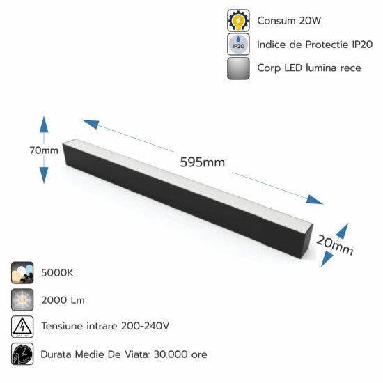 Corp LED liniar interconectabil, 20W, 5000K, 595 mm, negru