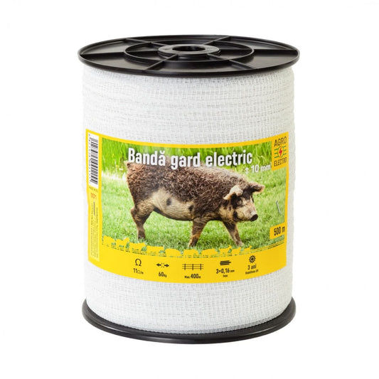 Bandă gard electric 10 mm, 500 m, rezistență la rupere 60 kg, rezistență electrică 11 Ω/m