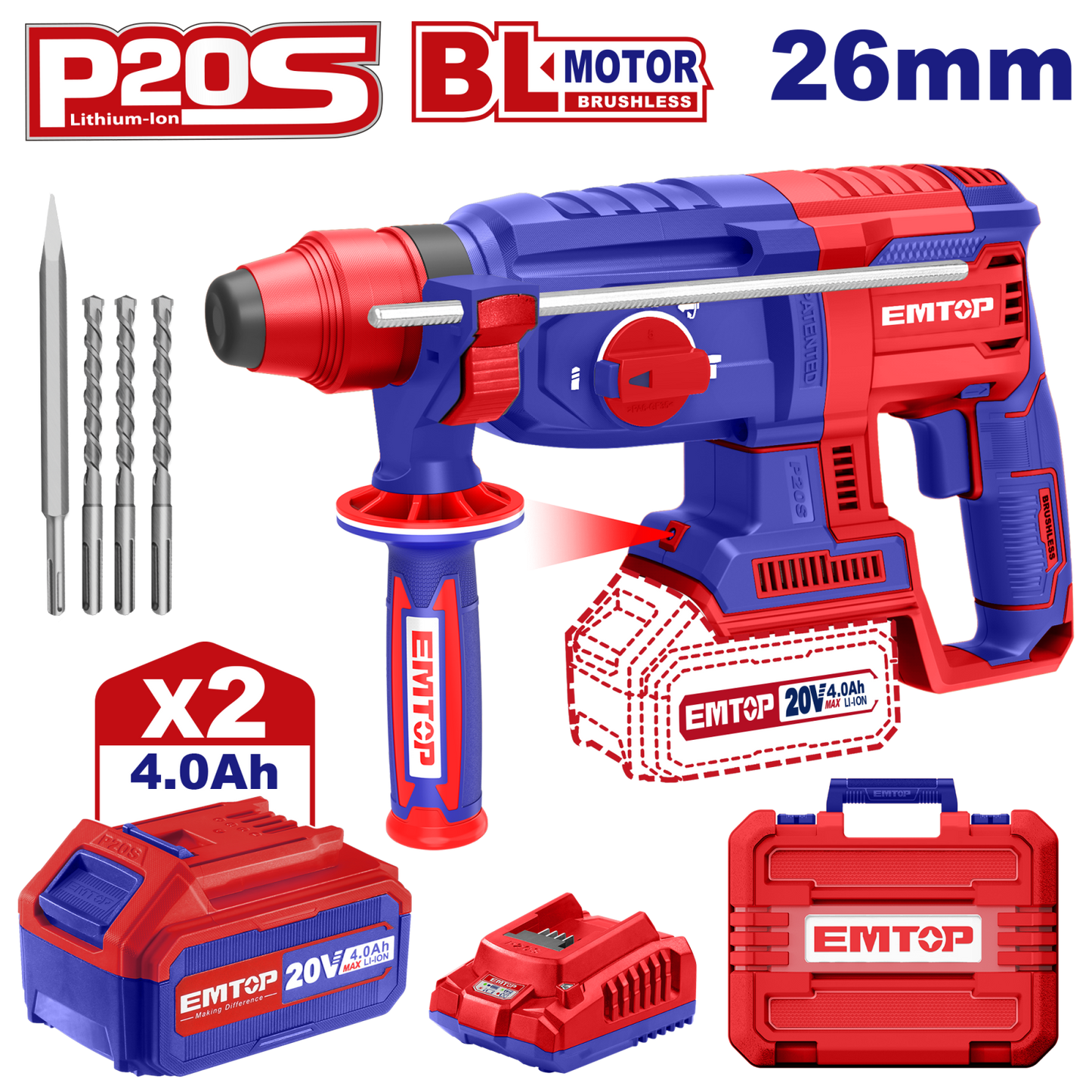 Ciocan Rotopercutor cu 2 Acumulatori, 4.0Ah, Motor Fără Perii (Brushless) - ELRH202287, EMTOP