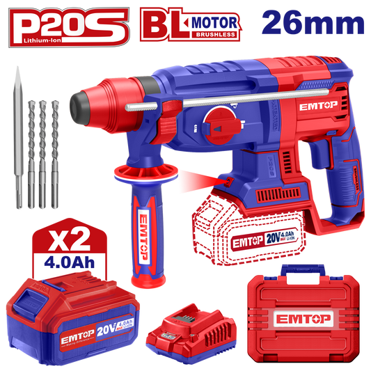 Ciocan Rotopercutor cu 2 Acumulatori, 4.0Ah, Motor Fără Perii (Brushless) - ELRH202287, EMTOP