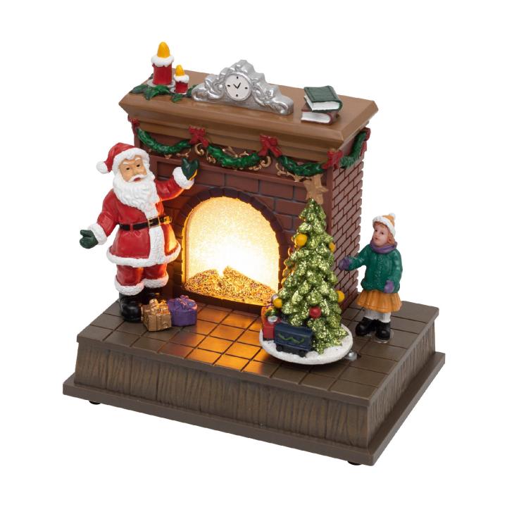 Diorama LED semineu interior cu brad rotativ si Mos, DRM 14