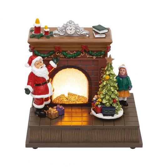 Diorama LED semineu interior cu brad rotativ si Mos, DRM 14