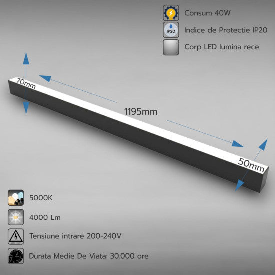 Corp LED liniar interconectabil, 40W, 5000K, 1200 mm, negru