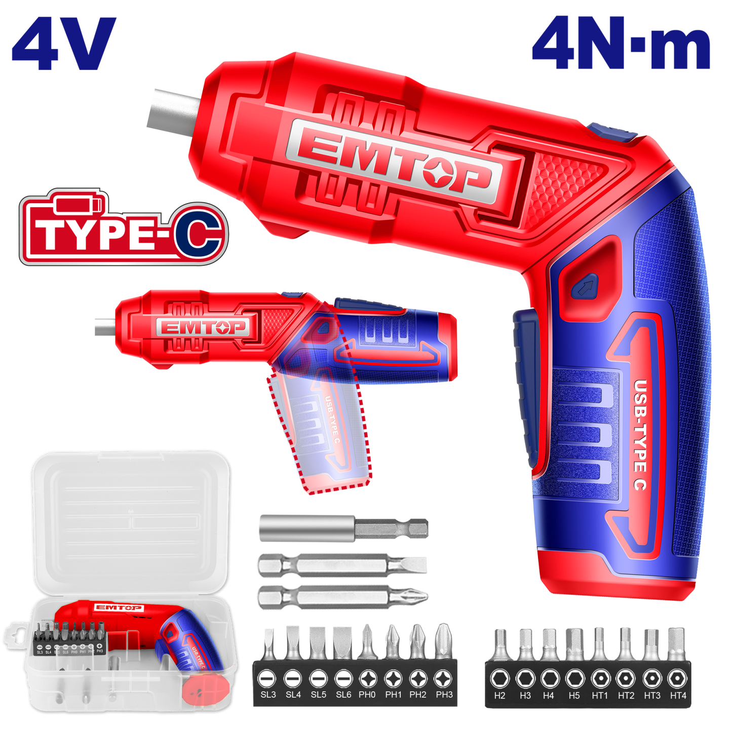 Surubelnita electrica 4V, 4Nm, USB C, maner reglabil, 18 accesorii, cutie plastic - ECSR0408