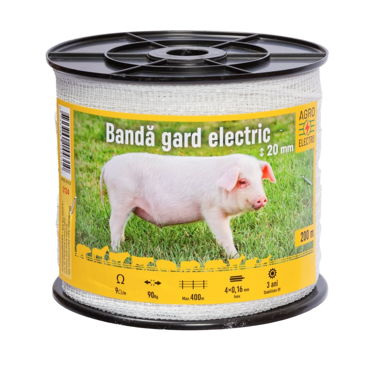 Bandă gard electric 20 mm, 200 m, rezistență la rupere 90 kg, rezistență electrică 9 Ω/m