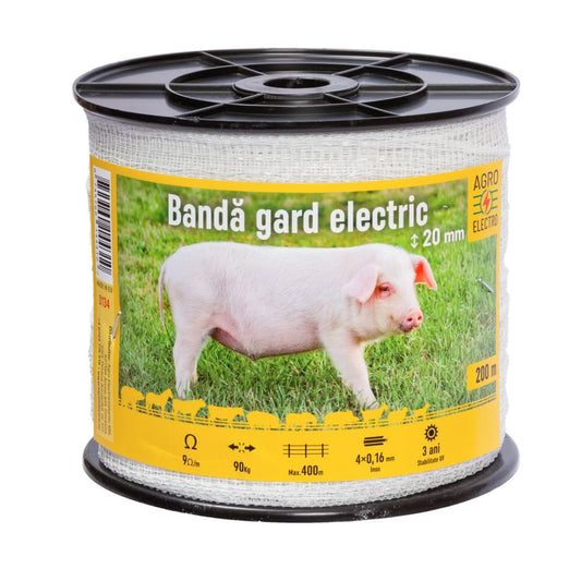 Bandă gard electric 20 mm, 200 m, rezistență la rupere 90 kg, rezistență electrică 9 Ω/m