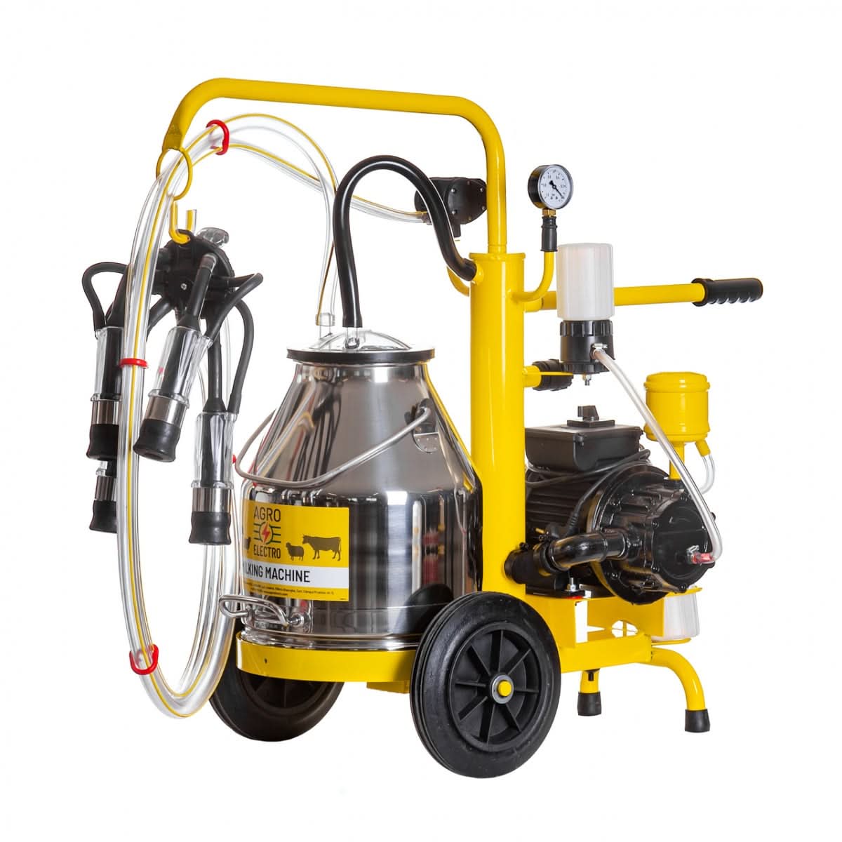 Aparat de muls vaci portabil cu bidon inox 25 litri, pulsator 60/40, pompă de vid 200 l/min