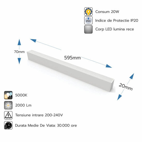 Corp LED liniar interconectabil, 20W, 5000K, 600 mm, alb
