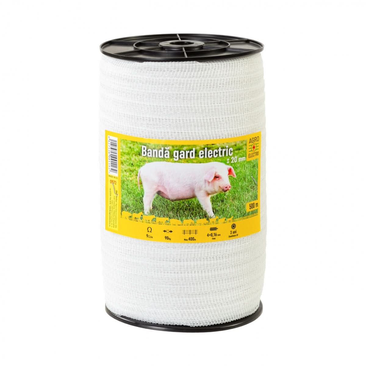 Bandă gard electric 20 mm, 500 m, rezistență la rupere 90 kg, rezistență electrică 9 Ω/m