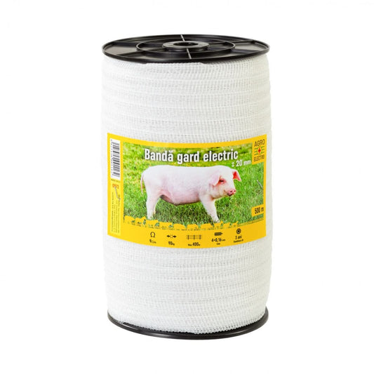 Bandă gard electric 20 mm, 500 m, rezistență la rupere 90 kg, rezistență electrică 9 Ω/m