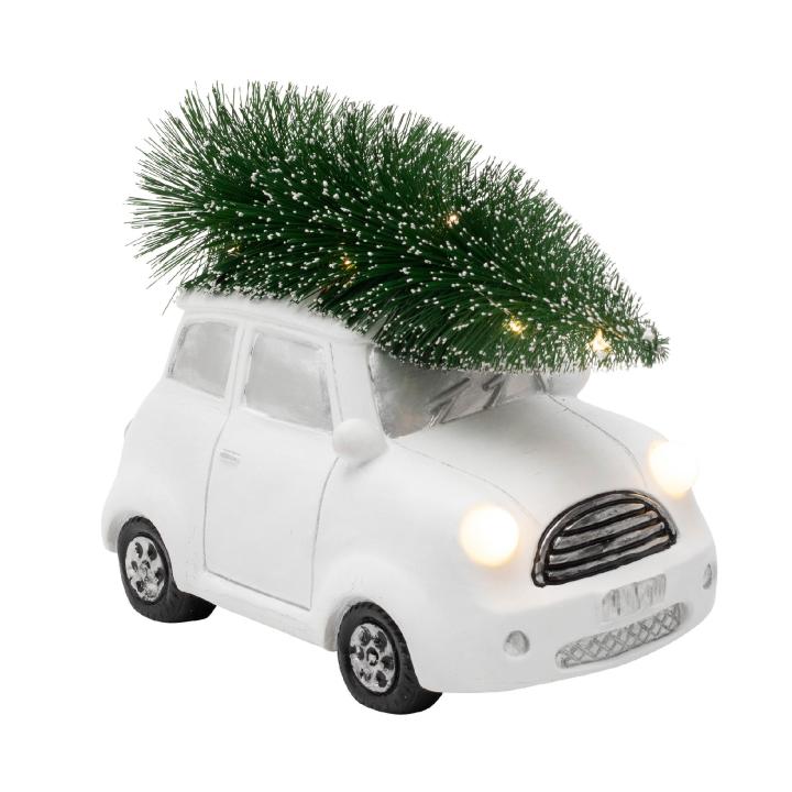 Figurina ceramica masina alba cu brad, LED alb cald, interior, KDCA 15